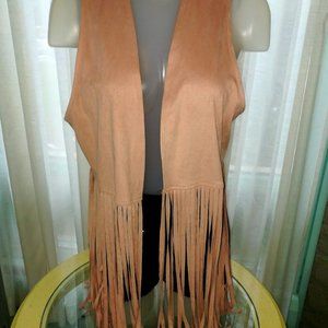 F21 Pink Open Vest Long Fringe Suede Feel L